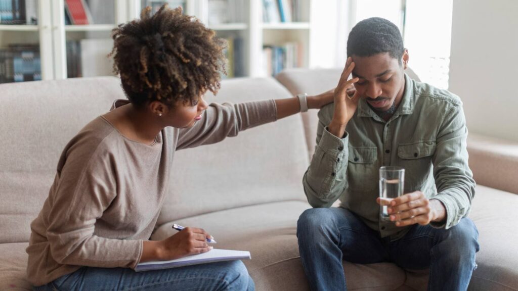 Man discussing bupropion withdrawal timeline in therapy.